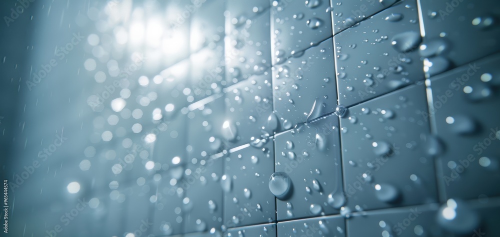 Poster Close-up of water droplets on a tiled surface, reflecting light, creating a calming and refreshing atmosphere.