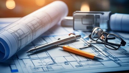 Blueprint and architectural design, featuring symbols like technical drawings, blueprints, and drafting tools symbolizing planning, construction, and engineering. 