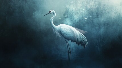 Fototapeta premium A Solitary White Crane Against a Dark Blue and White Background