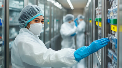 A worker in cold storage facility wearing protective gear and gloves, carefully organizing frosted shelving units filled with supplies. environment is sterile and professional