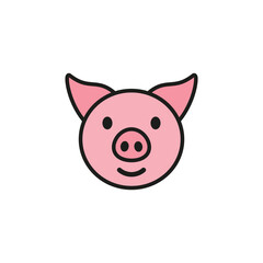 Smiling cheerful cute pink pig. Color vector on white background.