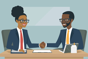 African-American Businesswoman and Businessman Shaking Hands, Closing Deal in Job Interview, Reaching Agreement in Office Conference Room