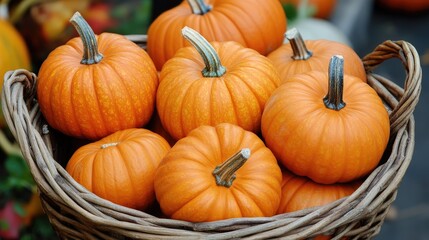 A basket of fresh orange pumpkins at a farm, representing the harvest season and autumn festivities