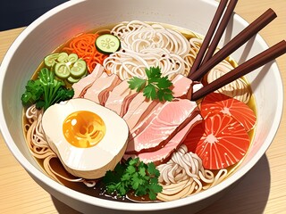 flat drawing 2D picture food ramen with egg meat in broth ,AI generated