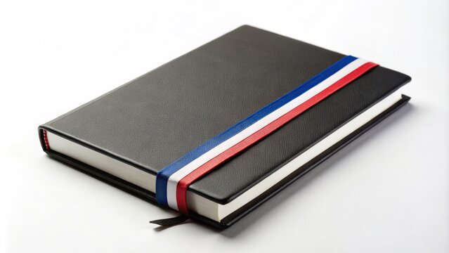 A black and white cahier hardcover notebook with blank lined pages, featuring a subtle blue elastic closure and a striking French flag stripe accent on the front cover.