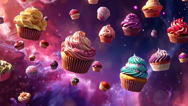 A colorful array of floating cupcakes against a cosmic backdrop with vibrant swirls and stars