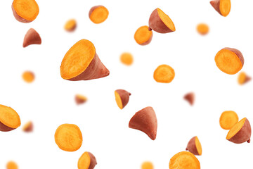 Falling Sweet Potato, yam, isolated on white background, selective focus