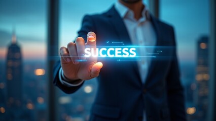 A businessman touches a glowing holographic "SUCCESS" display in front of a city skyline