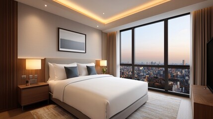 Modern Luxury Hotel Suite with City View, Reflective Surfaces, and Detailed Lighting - with Ray Tracing in