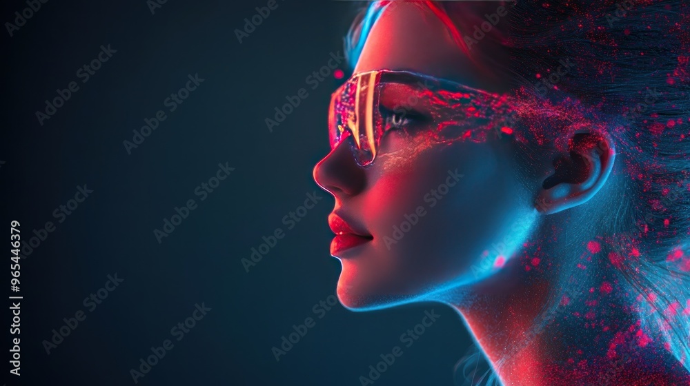 Wall mural A woman with glowing skin and sunglasses looks to the side, bathed in a blue and red light.