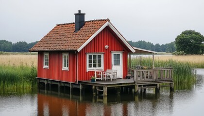 Obraz premium Charming Traditional Swedish Wooden House Idyllically Perched on Lake With Picturesque Views