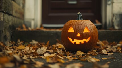 A carved pumpkin with a glowing face, sitting on a doorstep surrounded by fallen leaves, symbolizing Halloween festivity