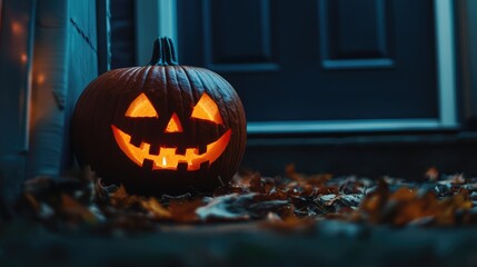 Obraz premium A carved pumpkin with a glowing face, sitting on a doorstep surrounded by fallen leaves, symbolizing Halloween festivity