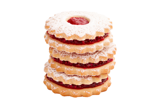 Jam filled Linzer cookies topped with red fruit preserve isolated on white transparent background.