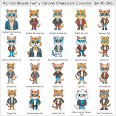 Cat Breeds Funny Cartoon Characters Collection Set of 100 Cat Faces Isolated Part 5
