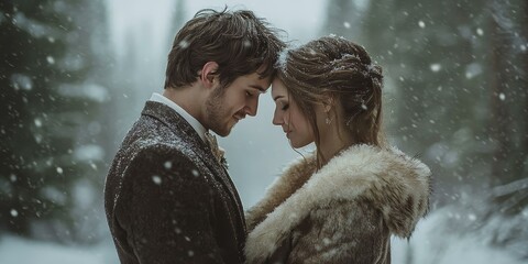 A couple embraces in the snow.