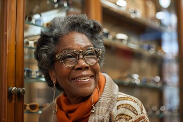 A cheerful elderly woman with glasses is smiling in a store. She's stylishly dressed in a warm outfit with orange accents, exuding happiness and warmth.