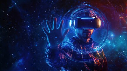 Obraz premium A man wearing a VR headset reaches out with his hand as if interacting with a virtual world, surrounded by a swirl of blue and red light.