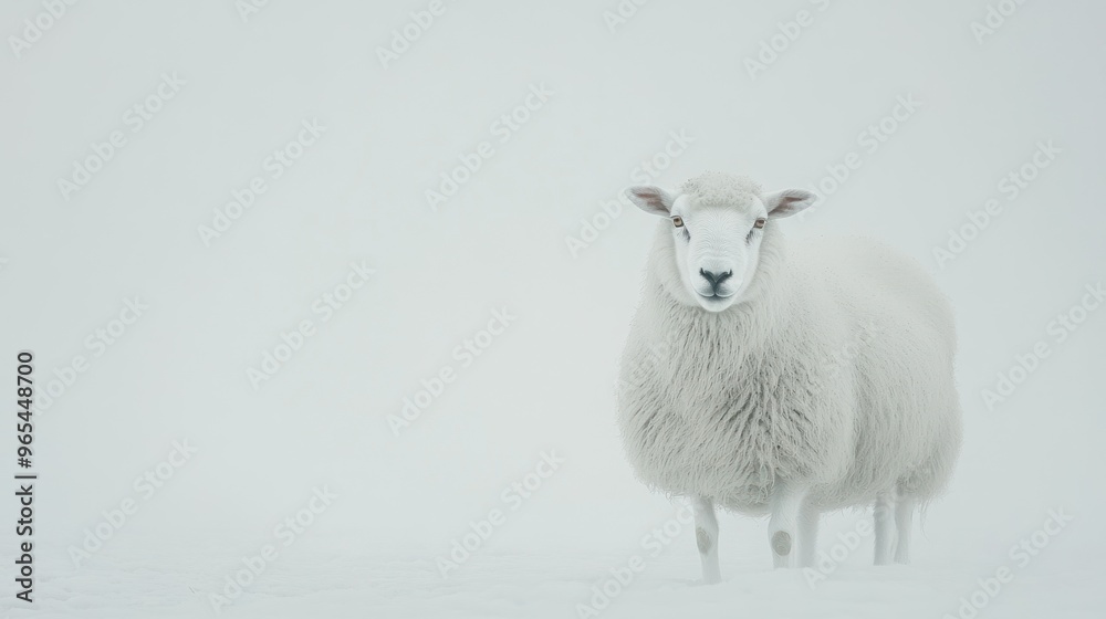 Poster white sheep standing in snowy field