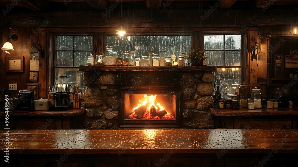 Canvas Prints A rustic kitchen with a glowing fire in the stone hearth, wooden beams, raindrops visible through the window, creating a cozy atmosphere. Warm light from the fire illuminates the rain-streaked glass,