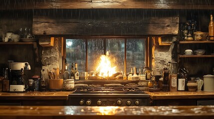 A rustic kitchen with a glowing fire in the stone hearth, wooden beams, raindrops visible through the window, creating a cozy atmosphere. Warm light from the fire illuminates the rain-streaked glass,