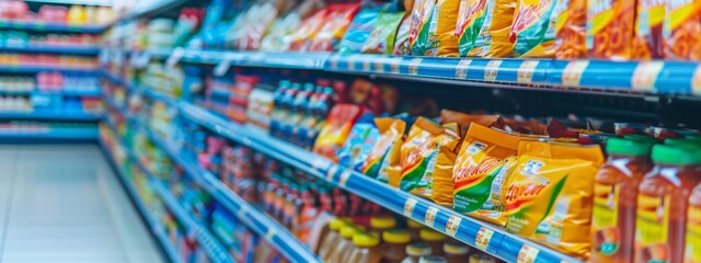 Supermarket aisle stocked with colorful beverages and food products