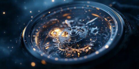 Close-up of intricate clockwork with glowing gears.