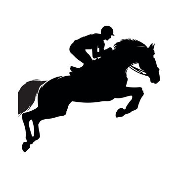 recommend clip art: Equestrian athlete jumping sportive horse over obstacles silhouette on white background
                    