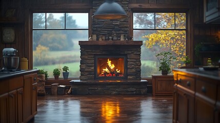 A rustic kitchen with a roaring fire in a stone hearth, rainy day outside the window. Soft, warm lighting from the fire, casting golden hues on the wooden furniture and creating a cozy ambiance.