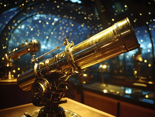 Antique Brass Telescope in Dimly Lit Museum Setting Evoking Historical Exploration, Scientific Discovery, and Astronomical Observation with Starry Background and Intricate Design Reflection