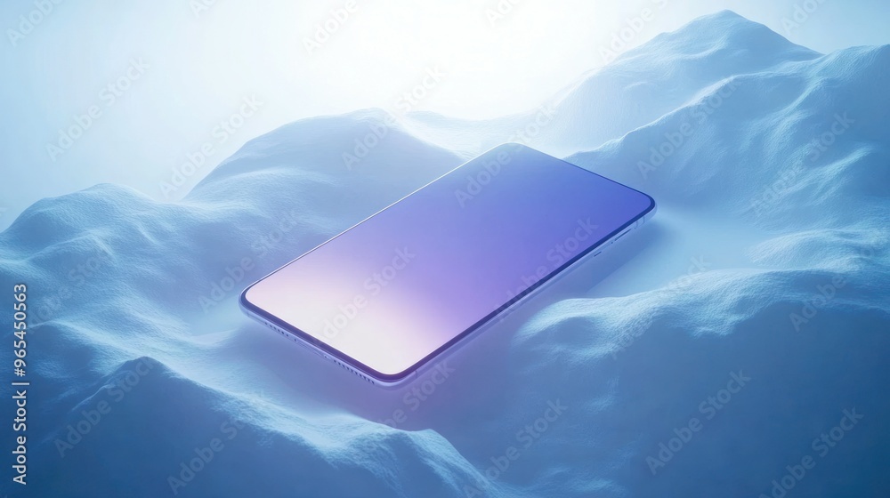 Poster a smartphone resting on a simulated snowy mountain range