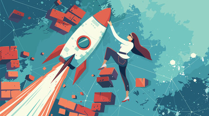 Businesswoman breaks through brick wall on rocket, overcoming obstacles and solving problems for new startup development