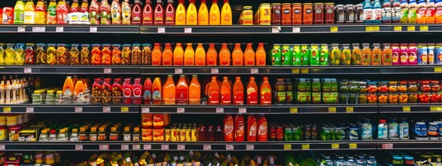 Grocery store shelves stocked with a variety of colorful food and drink products