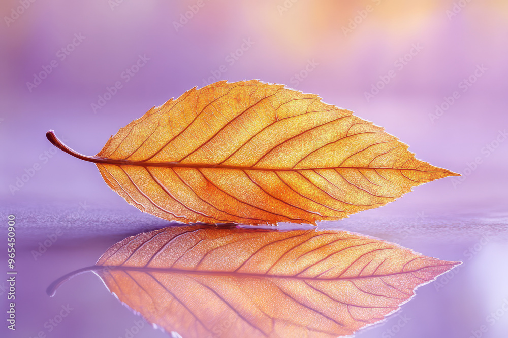 Poster an abstract floating 3d leaf with metallic reflections in shades of copper and gold, casting soft sh