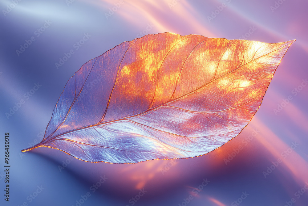 Poster An abstract floating 3D leaf with metallic reflections in shades of copper and gold, casting soft shadows on a pastel lavender background,