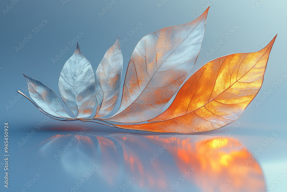 Poster an abstract floating 3d leaf with metallic reflections in shades of copper and gold, casting soft sh