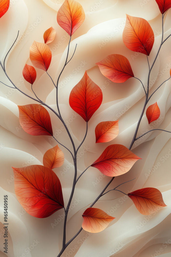 Aufkleber a 3d composition of intertwined abstract branches and leaves in shades of deep red and soft brown, g