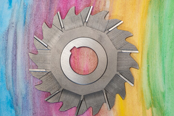 カラフルな背景に鋭い刃がついたノコギリ