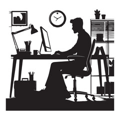 Man Sitting on An Office Chair and working on a computer with office table desk, office work, Work from home silhouette on white background
