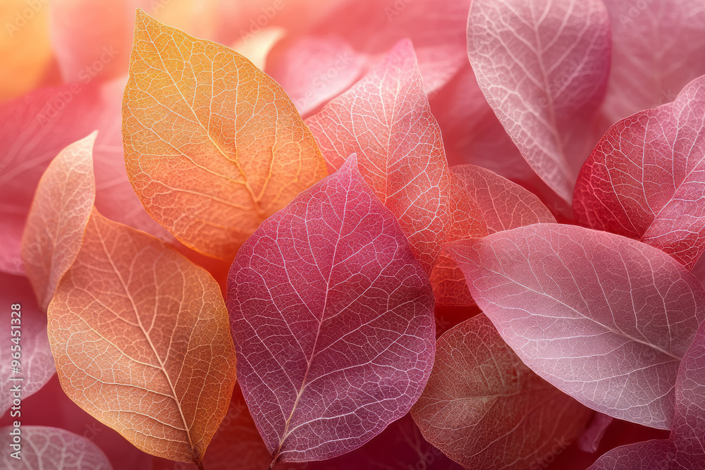 Poster a collection of 3d floating leaves with delicate textures in shades of muted red, orange, and brown,