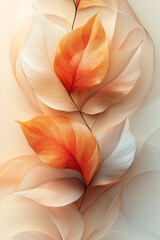An abstract 3D leaf swirl with flowing lines and soft gradients in warm autumn hues, isolated on a pastel beige background,