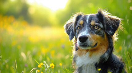 Australian Shepherd dog sitting in a field of flowers with soft sunlight