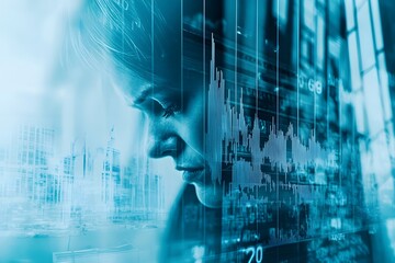 A woman's face is shown in a blue background with a cityscape in the background