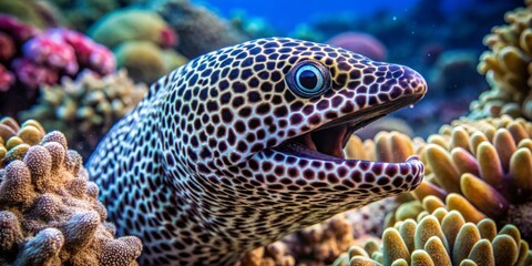 Obraz premium A spotted moray eel glides through the coral reef, its spotted body and flicking tail mesmerizing a curious fish swimming alongside.