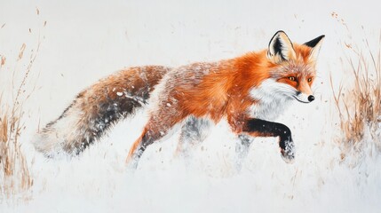 Fototapeta premium A Red Fox Running Through Snowy Grass