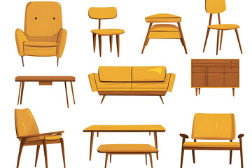 Set of trendy sofas, armchairs, with cushions in retro mid-century style. Modern soft furniture collection