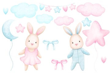 Watercolor  Set cute bunnies.Cute hand draw illustration of baby shower . Background for kids desing.Boy or girl.
