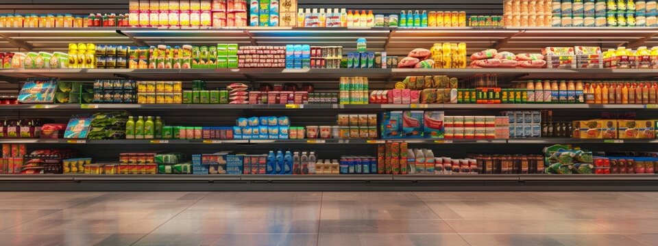 Supermarket aisle with an assortment of packaged food and beverages on shelves