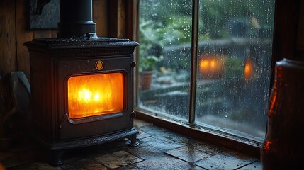 A stove in a rustic farmhouse kitchen, casting a warm, soft light on the rain-drenched window. The raindrops glisten on the glass,