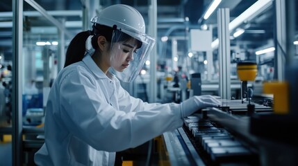 A Workers in modern industrial plants operate advanced machinery with precision, wear protective clothing, and are dedicated to their jobs. Human skills and technological integration